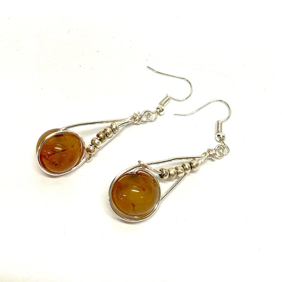 HANDMADE Genuine Carnelian & Sterling Silver Beads Hand Wrapped Dangle Earrings - Picture 3 of 10